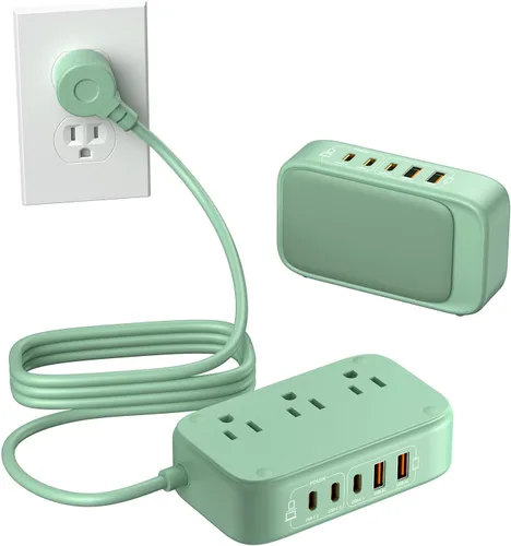 Vista 12 de Regleta de alimentación 7 en 1, regleta de alimentación PD USB C de 85W con 3 USB-C, 2 puertos USB-A y toma de corriente AC de 2500W, enchufe plano