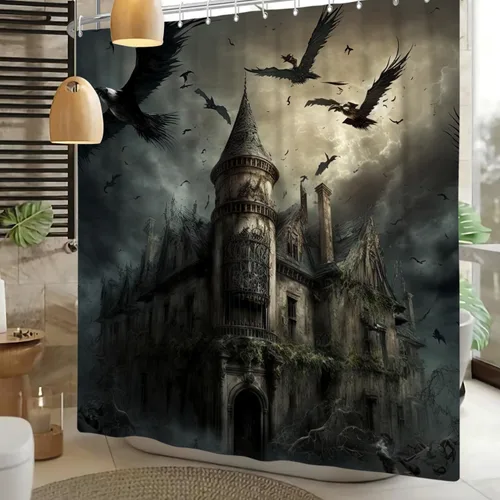 Vista 13 de Cortina de ducha divertida de Halloween, espeluznante y bonita, fantasma, calabazas, murciélagos, cortina de baño para niños, decoración