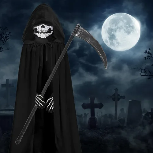 Vista 5 de Kids Grim Reaper Costume Cloak Boys Halloween Costumes Scary Velvet Hooded Cape with Skeleton Mask Gloves Scythe Props