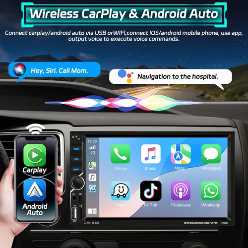 Vista 2 de Motoris - Estéreo de coche de 7" con CarPlay inalámbrico y Android Auto, radio Bluetooth con pantalla táctil extraíble de 4+64G con GPS, Mirror