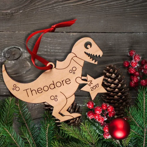 Vista 5 de Dinosaur Ornament Personalized Tyrannosaurus Rex Baby's First Christmas 2025 Wood Handmade