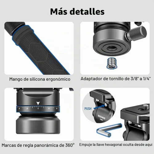 Vista 6 de NEEWER Trípode con cabeza fluida con base de nivelación +/-10° (37mm de diámetro), cabeza de pan y tilt de metal con placa QR tipo Arca, mango
