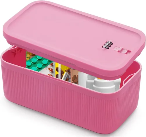 Vista 11 de Caja de bloqueo de medicina pequeña con código para aperitivos, medicamentos, almacenamiento de teléfono móvil, caja de bloqueo de teléfono Crema