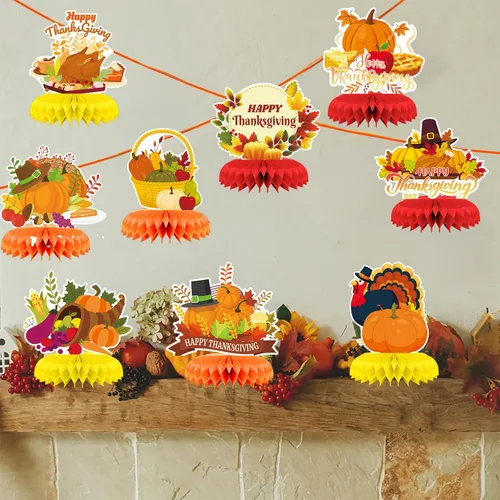 Vista 5 de Centro de mesa de Acción de Gracias, 9 piezas, decoración de mesa de otoño, calabaza, pavo, panal, Acción de Gracias, centro de mesa para decoración