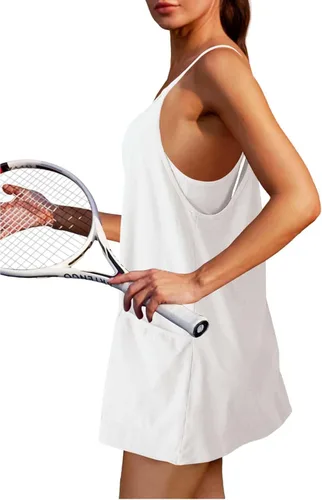Vista 2 de Wyeysyt Women's Tennis Dress Workout Mini Dress and Shorts Sleeveless Spaghetti Straps Athletic Short Dresses with Pockets