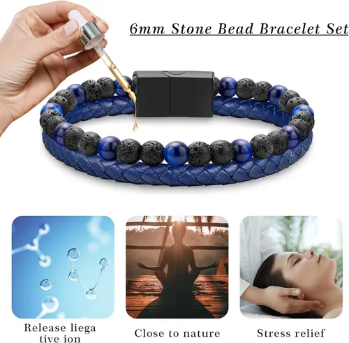 Vista 5 de LUXEJEW Gifts for Men - Mens Bracelet, Beaded Leather Bracelets for Men 6mm Tiger Eye Lava Rock Stone Handmade Bracelets Adjustable Stainless Steel