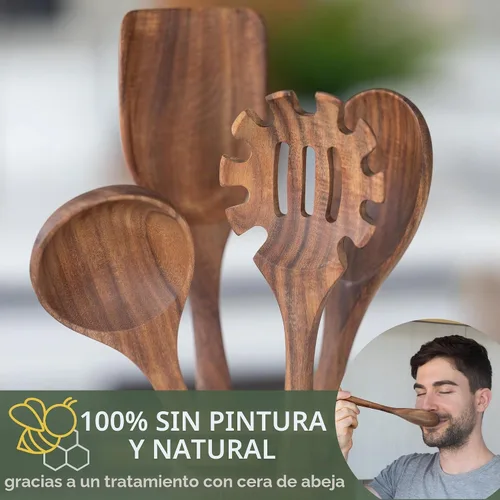 Vista 2 de WALDWERK Cucharas de madera para cocinar, juego de utensilios de cocina de 4 piezas con cucharas de madera de teca, espátula, servidor de pasta