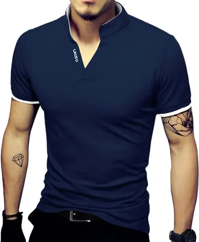 Vista 18 de LOGEEYAR Camisas polo Henley de moda para hombre, camisetas casuales de manga corta/larga, camisas de polo de algodón ajustadas para hombre Negro