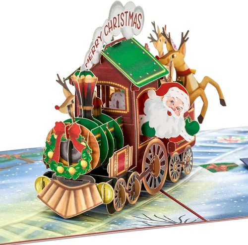 Vista 3 de POPWOW Tarjetas desplegables de tren de Navidad, Papá Noel, reno, tarjeta de felicitación de Navidad 3D, hermoso regalo para niños, marido, esposa