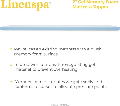 Vista 3 de Linenspa - Cubrecolchón de espuma viscoelástica con gel, de 2 pulgadas, tamaño Queen y protector de colchón impermeable suave de alta calidad, sin