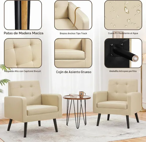 Vista 6 de Yaheetech - Sillas de acento de mediados de siglo, silla moderna tapizada de piel sintética para sala de estar, sillón acogedor con respaldo Beige