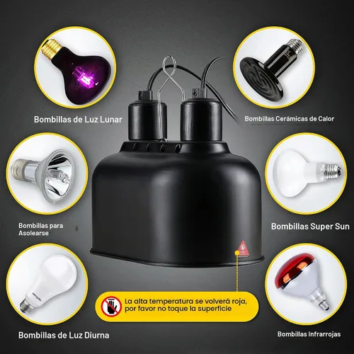 Vista 3 de Simple Deluxe Lámpara de reptil de doble cúpula con interruptores separados, se adapta a una lámpara de calor de reptiles de 100 W/luz UVB