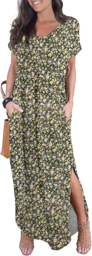 Vista 20 de GRECERELLE - Vestido largo para mujer, holgado, con bolsillos, manga corta y abertura lateral, estilo informal Verde militar