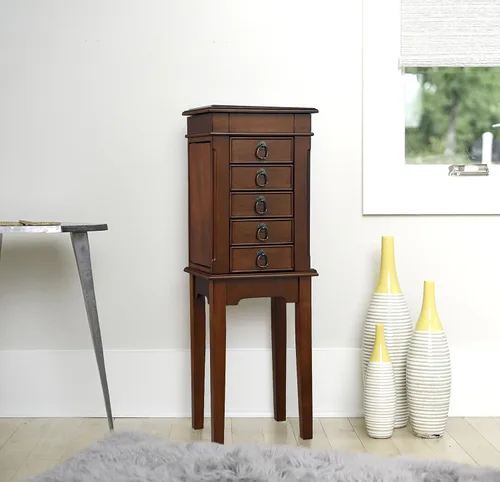 Vista 3 de Hives and Honey Kennedy Jewelry Armoire - Moderno organizador de almacenamiento de madera con ganchos para collares, 5 cajones y espejo de tocador
