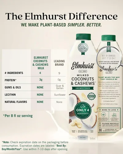 Vista 5 de Elmhurst 1925 leche de coco y anacardos sin azúcar – 32 onzas sin lácteos, sin gluten, vegana, leche estable hecha con crema de coco y anacardos