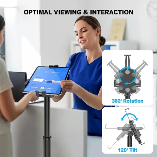 Vista 5 de AboveTEK Soporte de piso para quiosco para iPad – Soporte de piso para tableta POS ajustable en altura, soporte giratorio de 360° con bloqueo
