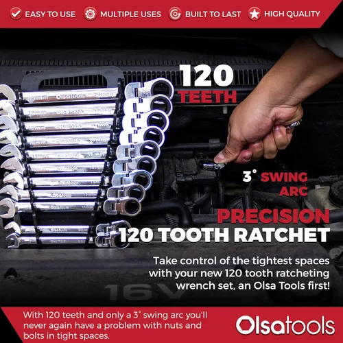 Vista 5 de Olsa Tools Juego de llaves de trinquete de cabeza flexible de 120 dientes 12 piezas - métrico