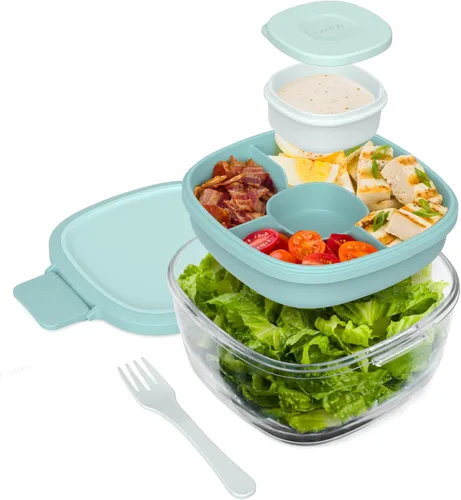 Vista 18 de Bentgo Recipiente de Ensalada de Vidrio Todo en Uno - Ensaladera Grande de 61 oz con Tapa, Bandeja Estilo Bento de 4 Compartimentos, Recipiente
