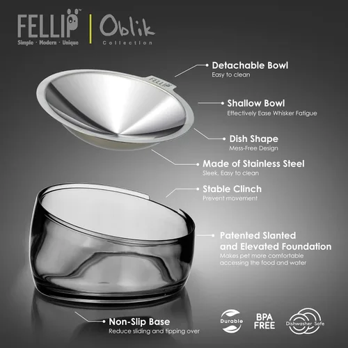 Vista 4 de Felli Pet Cuenco para Comida de Gato Oblik Fatiga de Bigotes Plato Elevado de Acero Inoxidable Poco Profundo, Diseño Apto para Mascotas Comedero