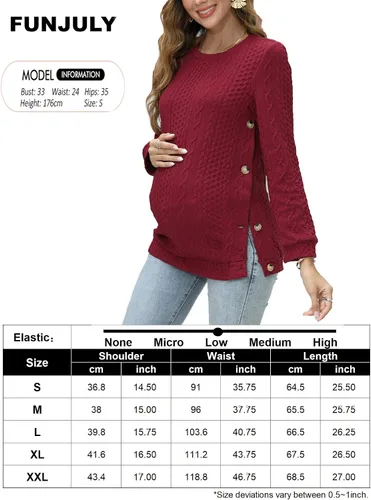 Vista 7 de FUNJULY Suéter de maternidad de punto trenzado para mujer, cuello redondo, manga larga, para embarazo, lactancia, doble división con botones
