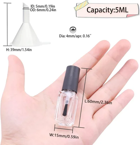Vista 2 de Botellas vacías de esmalte de uñas con cepillo redondo de 0.17 onzas líquidas, paquete de 20 recipientes pequeños de vidrio vacíos recargables