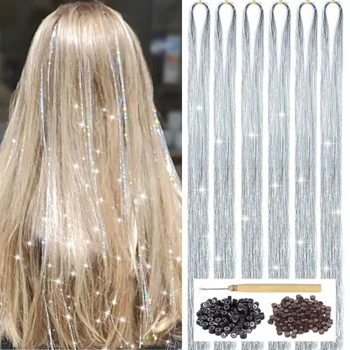 Vista 9 de Kit de oropel de cabello negro con herramienta, 6 piezas, 1200 hebras de extensiones de cabello de oropel con purpurina, resistentes al calor