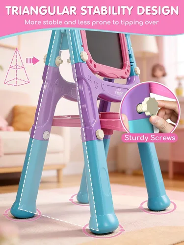 Vista 3 de Lehoo Castle Caballete para niños, caballete de arte para niños 4 en 1 de doble cara con pizarra blanca magnética y pizarra de tiza, caballete