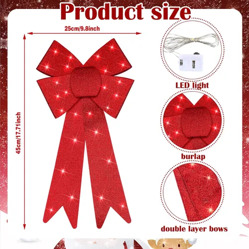 Vista 2 de Liliful 3 lazos de Navidad grandes de 18 x 10 pulgadas con luz roja para corona y remate de árbol, adornos gigantes iluminados para remate de árbol