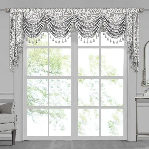 Vista 21 de Loom and Mill Cenefa de cascada de lujo de jacquard para sala de estar, elegantes cenefas de ventana con festones y cuentas damascadas, cortinas