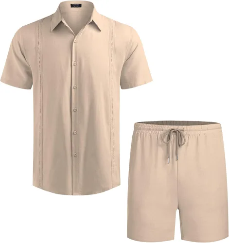 Vista 4 de COOFANDY Conjunto de camisa y pantalón corto de lino para hombre, traje de manga corta con botones de algodón, Albaricoque