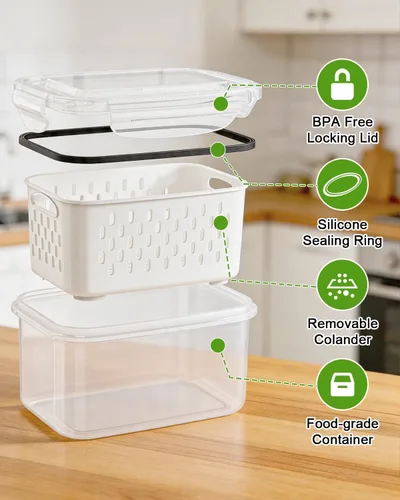 Vista 6 de TBMAXS Paquete de 4 recipientes de almacenamiento de alimentos para refrigerador con colador, herméticos, sin BPA, contenedor de plástico