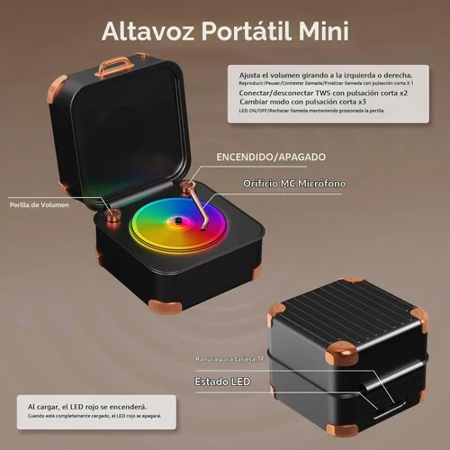 Vista 2 de Altavoz Bluetooth para tocadiscos, mini tocadiscos, vinilo retro, pequeño altavoz Bluetooth inalámbrico, calidad de sonido HD, kawaii, adecuado