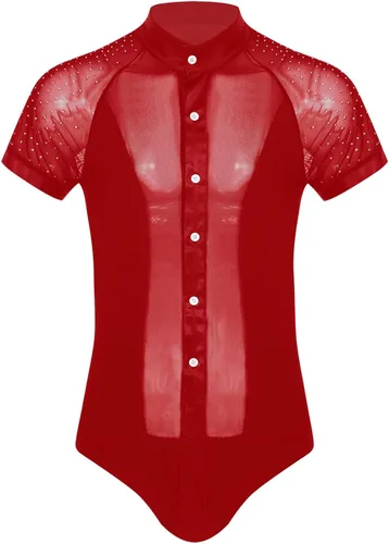 Vista 3 de Yeahdor Leotardo de malla transparente para hombre con diamantes de imitación brillantes para baile latino