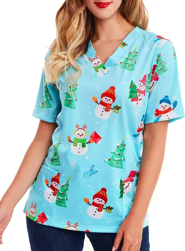 Vista 3 de Camisa de cuello con estampado de Navidad para mujer, diseño de muñeco de nieve, color azul claro