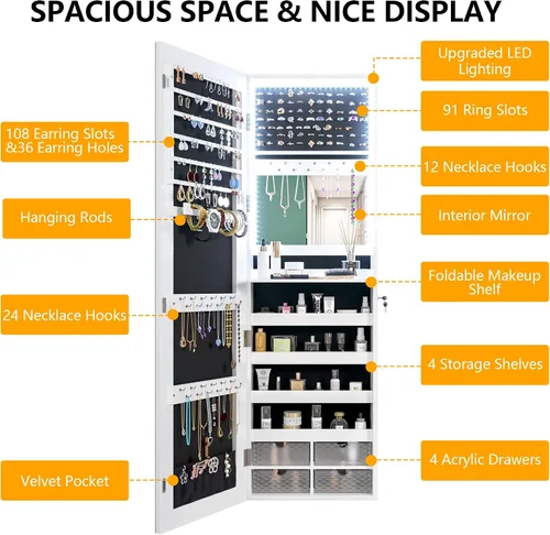 Vista 2 de Vlsrka Armario con espejo LED de 47.2 pulgadas, organizador de joyas montado en la paredpuerta con espejo de longitud completa, gabinete colgante