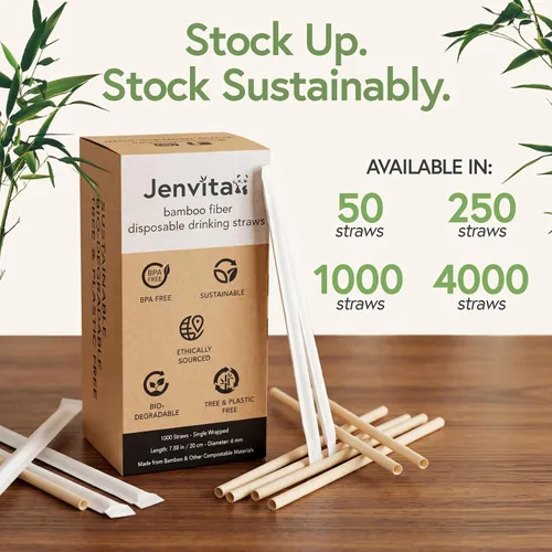 Vista 8 de Jenvita Pajitas biodegradables de polvo de bambú (paquete de 50) – Pajitas compostables de 7.88 pulgadas envueltas individualmente 100%