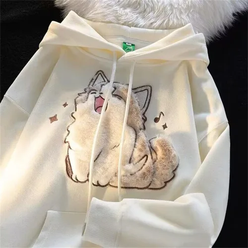 Vista 3 de Sudadera con capucha unisex con patrón de gato 3D para mujer, lindo bordado