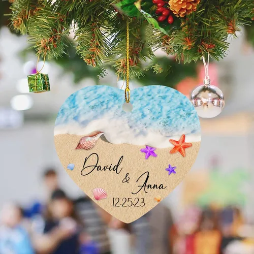 Vista 5 de Just Married - Regalo de recuerdo para recién casados, adorno de boda personalizado en la playa con nombres y fecha