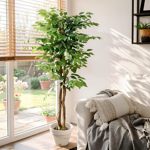 Vista 3 de [Usado] VECELO Árbol de ficus artificial con maceta resistente, planta de seda sintética de 5 pies para decoración de interiores y exteriores Ficus