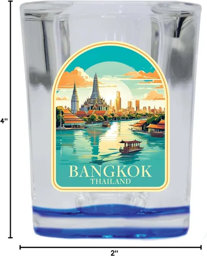 Vista 3 de Bangkok Thailand A Souvenir - Vaso de chupito cuadrado de 2.5 onzas, base azul, paquete de 2