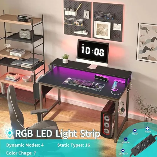 Vista 4 de Lufeiya Escritorio pequeño con tomas de corriente y luces LED, mesa de estudio de escritura para adolescentes de 32 pulgadas, escritorio para Negro