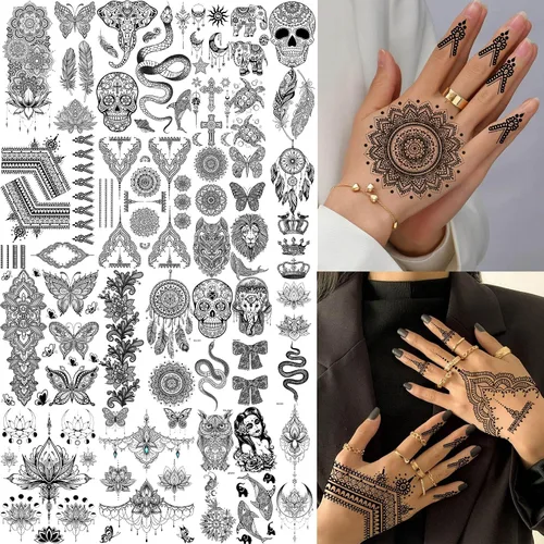 Vista 13 de Bilizar 63 hojas de tatuajes tribales temporales de lobo, león, tigre para hombres, mujeres, adultos, aterradores tatuajes temporales de calavera