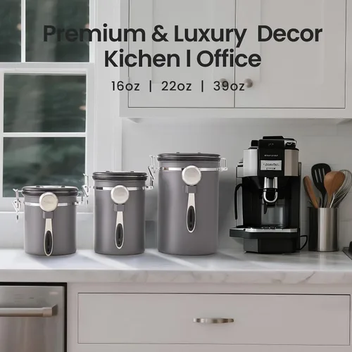 Vista 14 de Veken - Recipiente hermético para café de acero inoxidable, contenedor de almacenamiento de alimentos para la cocina con registro de fecha y cuchara