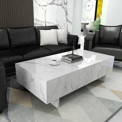 Vista 7 de COSVALVE Juego de muebles para sala de estar, Mesa de café rectangular de alto brillo y diseño moderno, Mesa lateral y mesita de noche con cajones
