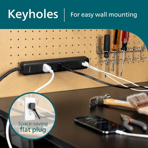 Vista 5 de Philips Protector de sobretensiones de 4 tomas, cable trenzado de 4 pies, 1 USB-C, 1 USB-A, cable de extensión, tira de alimentación, para el hogar