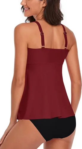 Vista 3 de Traje de baño tankini con control de abdomen para mujer, bikini de 2 piezas, camiseta larga sin mangas con parte inferior de bikini
