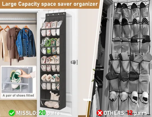 Vista 2 de MISSLO 20 pares de organizadores de zapatos para armario, zapatero estrecho para colgar en la puerta, bolsillo profundo, almacenamiento de zapatos