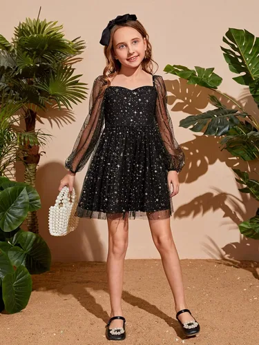 Vista 5 de WDIRARA Vestido de manga larga abombada con volantes y lunares para niña