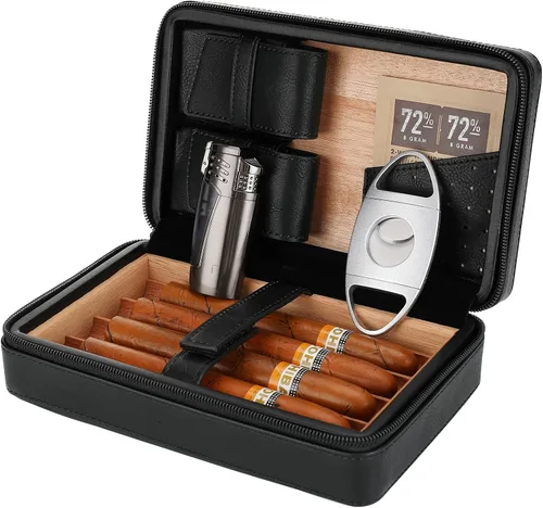 Vista 2 de Humidor de Puros Portátil, Estuche de Puros de Madera de Cedro y Cuero con Encendedor y Cortapuros, Negro