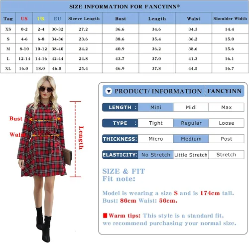 Vista 7 de FANCYINN - Vestido de manga larga diseño de túnica a cuadros, estilo casual, para mujer